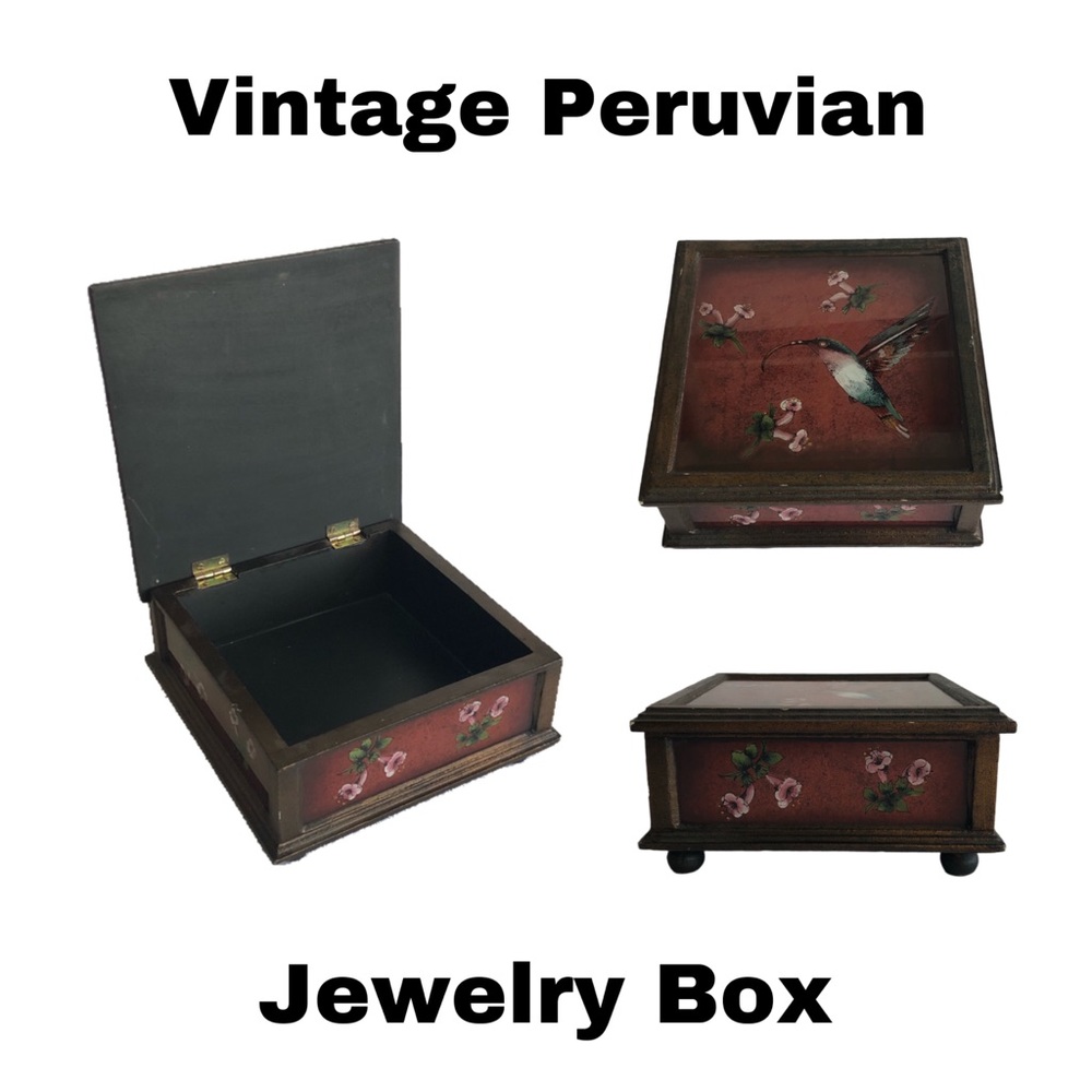 Vintage Y2K Peruvian woodglass hummingbird jewelry box